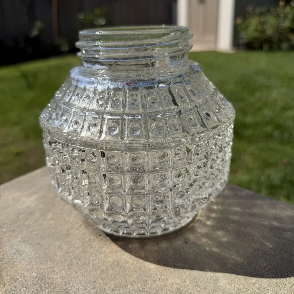 Vtg Waffle Block Pattern Flush Mount Clear Glass Ball Globe Shade Light Fixture